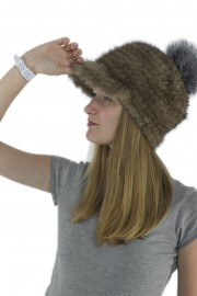 Women Winter Knitted Baseball Mink Hat with Fox Fur Pom Pom