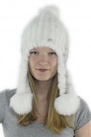 Women Winter Knitted Turtle Mink Hat with Fox Fur Long Pom Pom