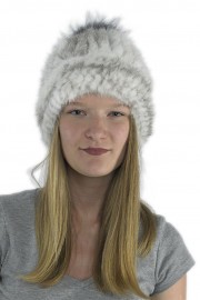 Women Winter Knitted Turtle Mink Hat Beanie with Fox Fur Pom Pom