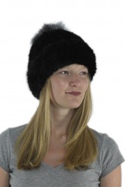 Women Winter Knitted Turtle Mink Hat Beanie with Fox Fur Pom Pom