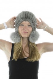 Women Winter Knitted Turtle Mink Hat with Fox Fur Pom Pom