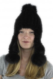 Women Winter Knitted Turtle Mink Hat with Fox Fur Long Pom Pom