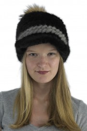 Women Winter Knitted Baseball Mink Hat with Fox Fur Pom Pom