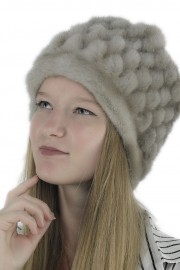 Women Winter Mink Fur Beanie Turtle Cap Hat with Pompoms