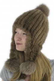 Women Winter Knitted Turtle Mink Hat with Fox Fur Long Pom Pom