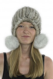 Women Winter Knitted Turtle Mink Hat with Fox Fur Pom Pom