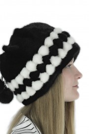 Women Winter Mink Fur Beanie Turtle Cap Hat with Pompoms