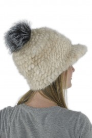 Women Winter Knitted Baseball Mink Hat with Fox Fur Pom Pom