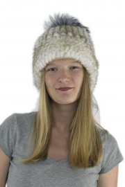 Women Winter Knitted Turtle Mink Hat Beanie with Fox Fur Pom Pom