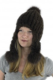 Women Winter Knitted Turtle Mink Hat with Fox Fur Long Pom Pom