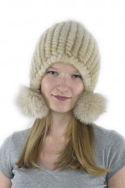 Women Winter Knitted Turtle Mink Hat with Fox Fur Pom Pom