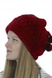 Women Winter Mink Fur Beanie Turtle Cap Hat with Pompoms