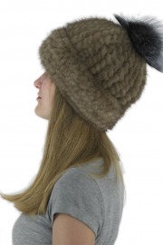 Women Winter Knitted Turtle Mink Hat Beanie with Fox Fur Pom Pom