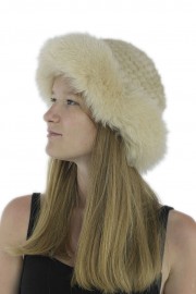 Women Winter Knitted Mink Fur Bucket Hat Cap with Fur Trim