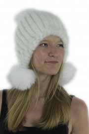 Women Winter Knitted Turtle Mink Hat with Fox Fur Pom Pom