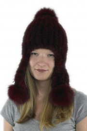 Women Winter Knitted Turtle Mink Hat with Fox Fur Long Pom Pom