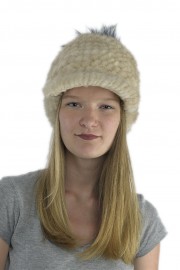 Women Winter Knitted Baseball Mink Hat with Fox Fur Pom Pom