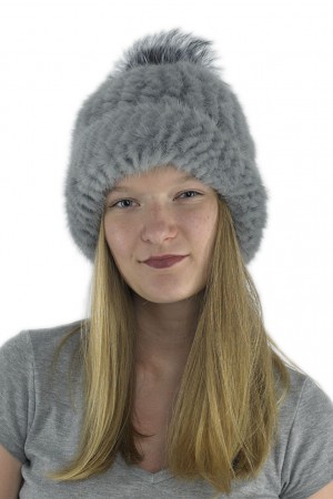 Women Winter Knitted Turtle Mink Hat Beanie with Fox Fur Pom Pom