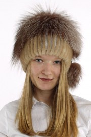 Women Real Fur Knitted Beanie Mink Hat Cap Fox Fur Pompom