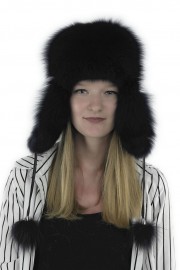 Women Winter Real Fox Fur Russian Mongolian Hat with Earflaps PomPom