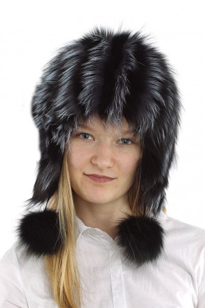 Women Winter Real Fox Fur Beanie Hat Cap with Earflaps Pompom