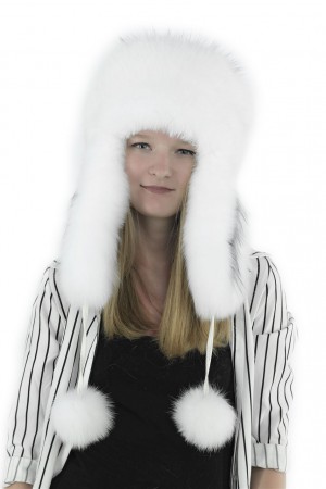 Women Winter Real Fox Fur Russian Mongolian Hat with Earflaps PomPom