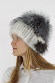 Women Real Fur Knitted Beanie Mink Hat Cap Fox Fur Pompom