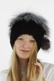 Women Real Fur Knitted Beanie Mink Hat Cap Fox Fur Pompom