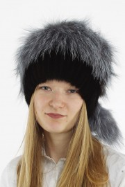 Women Real Fur Knitted Beanie Mink Hat Cap Fox Fur Pompom