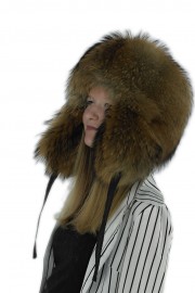 Women Winter Real Racoon Fur Russian Mongolian Hat with Earflaps