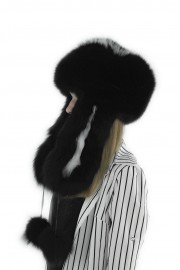 Women Winter Real Fox Fur Russian Mongolian Hat with Earflaps PomPom