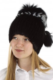 Women Real Fur Knitted Beanie Mink Hat Cap Fox Fur Pompom