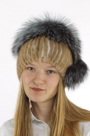 Women Real Fur Knitted Beanie Mink Hat Cap Fox Fur Pompom