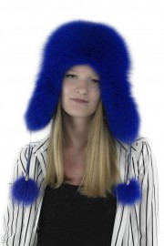 Women Winter Real Fox Fur Russian Mongolian Hat with Earflaps PomPom