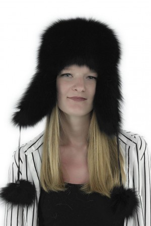 Women Winter Real Fox Fur Russian Mongolian Hat with Earflaps PomPom