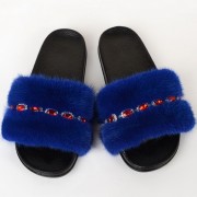 Women Summer Multicolor Fur Slides Real Mink Fur Slides with Gems