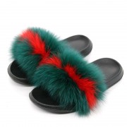 Womens Green Red Real Fox Fur Slippers Furry Slides