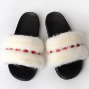 Women Summer Multicolor Fur Slides Real Mink Fur Slides with Gems