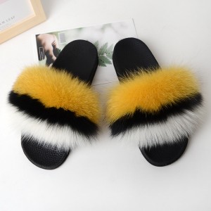 Women Colorful Slides Fluffy Slides Real Fox Fur Slippers Flag Pattern