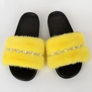 Women Summer Multicolor Fur Slides Real Mink Fur Slides with Gems