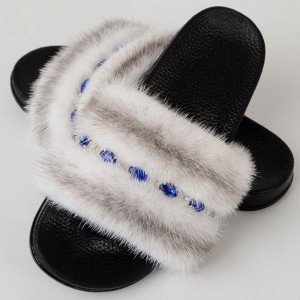 Women Summer Multicolor Fur Slides Real Mink Fur Slides with Gems