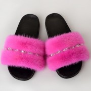 Women Summer Multicolor Fur Slides Real Mink Fur Slides with Gems