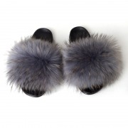 Womens Fluffy Furry raccoon Slides Multicolor Fur Slides