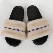 Women Summer Multicolor Fur Slides Real Mink Fur Slides with Gems