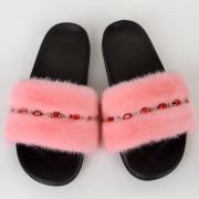 Women Summer Multicolor Fur Slides Real Mink Fur Slides with Gems