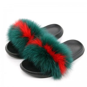 Womens Green Red Real Fox Fur Slippers Furry Slides