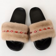 Women Summer Multicolor Fur Slides Real Mink Fur Slides with Gems