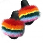 Womens Multicolor Fur Slides Fluffy Raccoon Fur Slippers