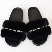 Women Summer Multicolor Fur Slides Real Mink Fur Slides with Gems