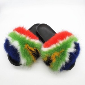 Flag Pattern Slides Women Fluffy Slides Real Fox Fur Slippers